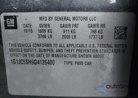 2016 Chevrolet Sonic Lt Auto from USA, damaged, VIN 1G1JC5SH9G4126400